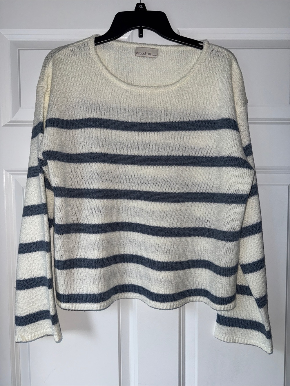 Cream & Blue Striped Knit Sweater